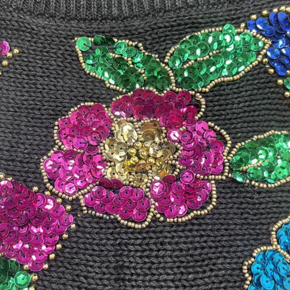 Vintage Mr Noah Floral Christmas Sweater Embroidery Sequins Black Size Medium - Picture 4 of 13